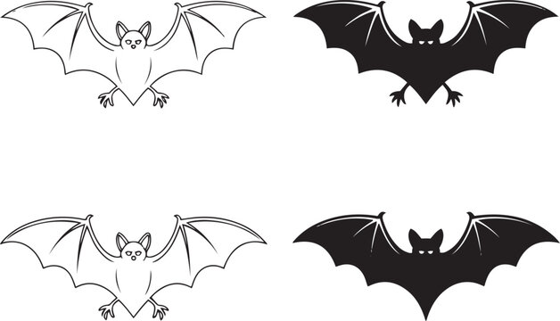 Flying bat line art and solid silhouette set for spooky themes.