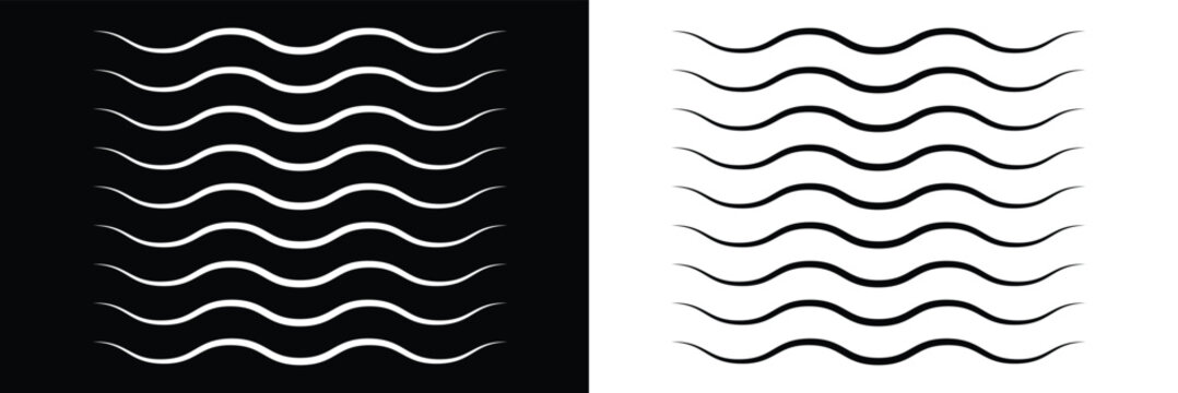 Black vector seamless wavy line pattern. Sinuous warp op twisty shape form tracery white color with black squiggly bent strokes. Art retro billowy curvy zigzag wavelike meander winding style 