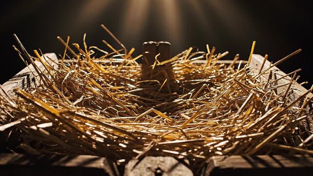 Close up of empty bird nest made of straw in wooden box with dark background and warm lighting