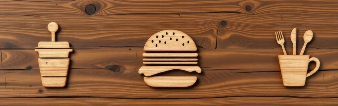 Wooden cutout icons of a drink, burger, and utensils on a rustic wooden background.