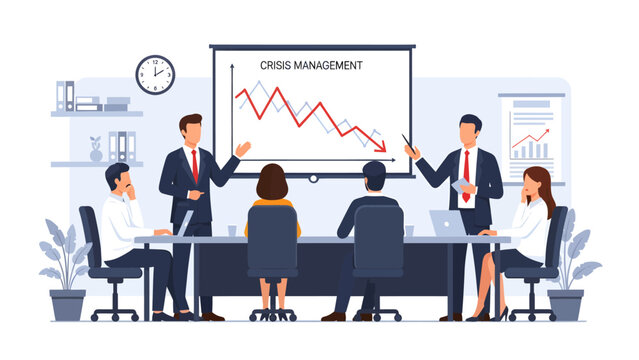 Business team in a meeting discussing a downward trending graph on a projector screen labeled Crisis Management
