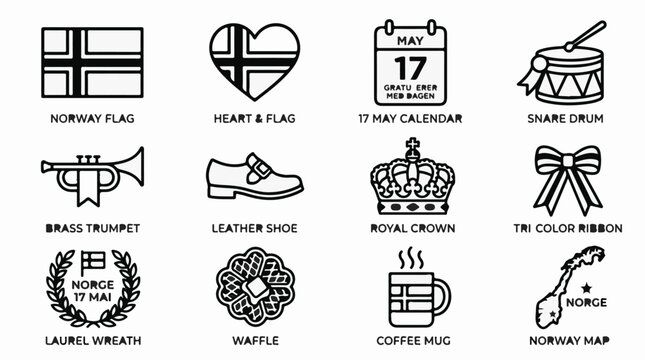 Norway Constitution Day Icons Set - 17 May Syttende Mai National Symbols with Flag, Crown, Map, and Traditional Waffle Outline Illustrations
