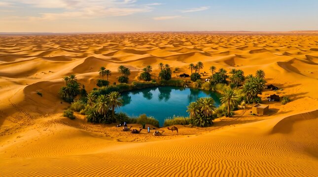 Aerial landscape of a vibrant desert oasis with a turquoise lake, lush palm trees, and small settlements surrounded by vast golden sand dunes under a clear sky.