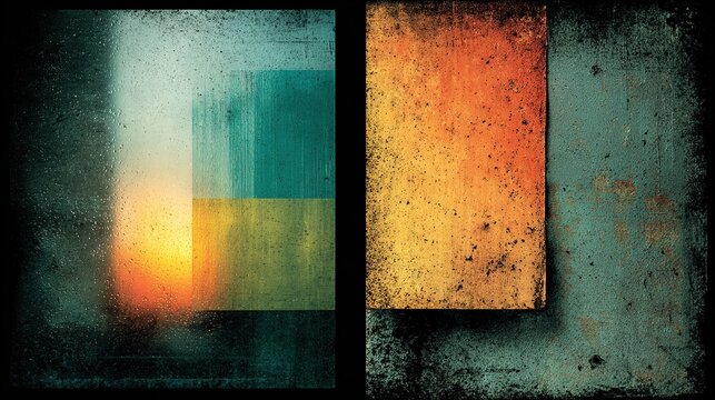 Textured abstract background with vertical split composition, left blurred color‑block gradient of light‑to‑dark green and yellow with faint grid texture, right solid warm brown