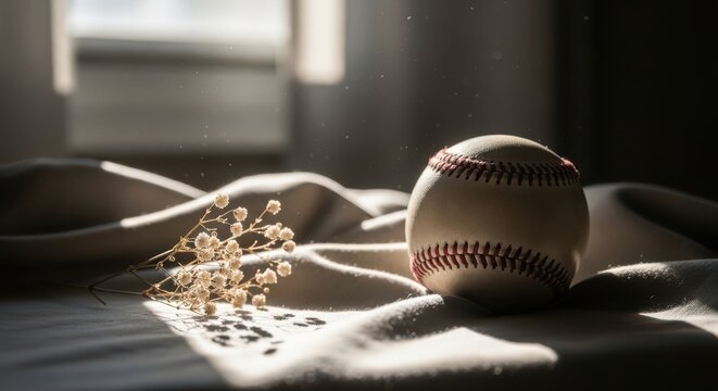 A baseball resting on a soft fabric surface next to a delicate sprig of babys breath flowers
