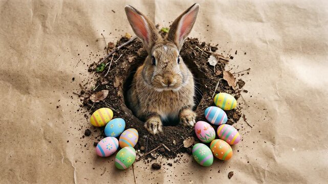Easter Bunny with Colorful Eggs in a Nest on Brown Paper.