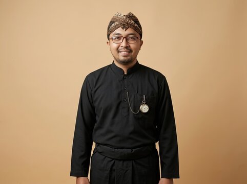Modern Sundanese pangsi portrait. Contemporary West Java men's attire. 