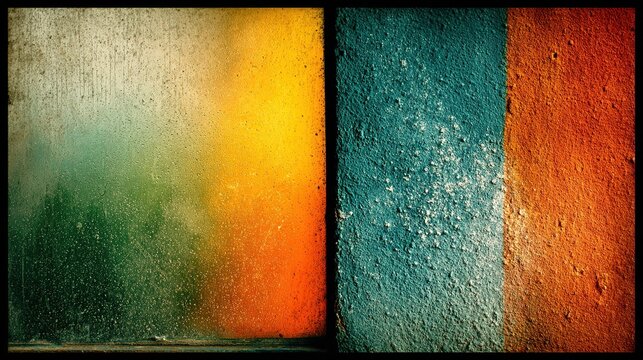 Textured abstract background with vertical split composition, left blurred color‑block gradient of light‑to‑dark green and yellow with faint grid texture, right solid warm brown