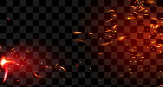 Burning Flame Fiery Sparkles Background. Isolated Fire, Red Yellow Orange Sparks, Smoke. Realistic Energy Glow. Hot Blazing Glow Flashes. Realistic Fire Image on Black.