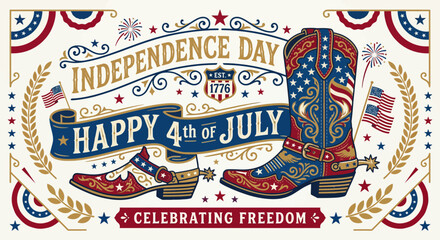 Fototapeta premium Vintage patriotic American Independence Day celebration illustration capturing festive symbols and themes of freedom