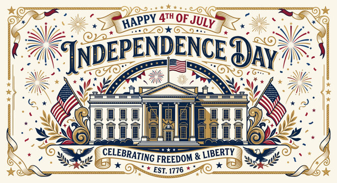 Celebratory July Fourth Independence Day Illustration Featuring the White House with American Flags and Festive Fireworks