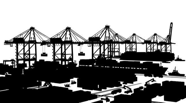 Silhouette of a busy shipping port with container cranes and cargo vessels.