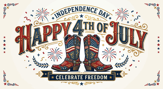 Vibrant Fourth of July Celebration with patriotic boots fireworks and festive decoration in bold colors and intricate design