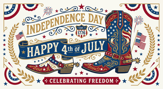 Vintage patriotic American Independence Day celebration illustration capturing festive symbols and themes of freedom