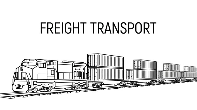 Outline sketch of a freight train transporting shipping containers on railway tracks.