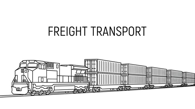 Freight train locomotive pulling double stacked shipping containers illustration.