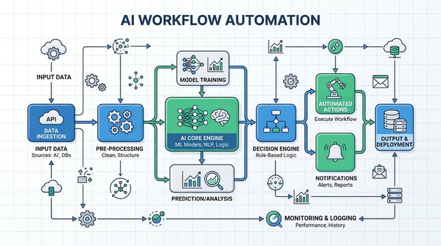 Visualizing the complex process of artificial intelligence workflow automation from data input to output and deployment.