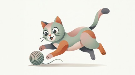 Obraz premium Cute playful kitten jumps forward to chase a round ball of yarn in this colorful and artistic flat vector illustration