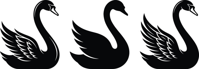 Black silhouette vector illustration of stylized swans with elegant curved necks and decorative feather patterns © RAFIQUL