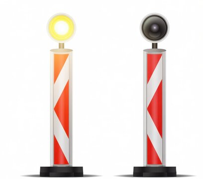Road construction delineator posts with warning lights isolated on white background