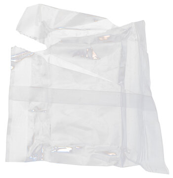 Torn transparent plastic bag isolated on black background, ripped clear poly bag with jagged edges