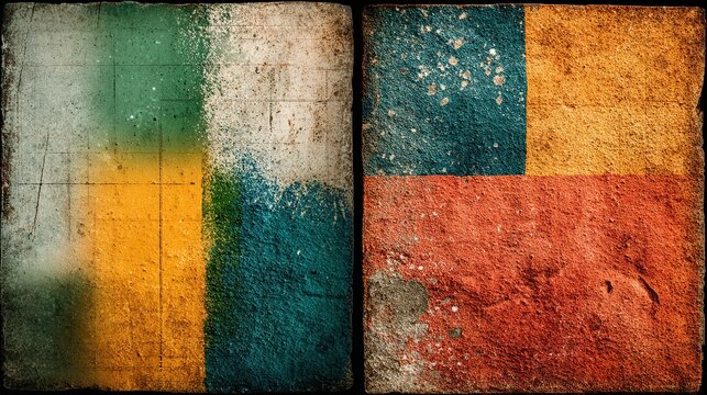 Textured abstract background with vertical split composition, left blurred color‑block gradient of light‑to‑dark green and yellow with faint grid texture, right solid warm brown