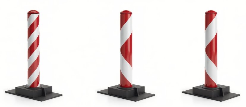 Three red and white striped bollards on black bases isolated on white background