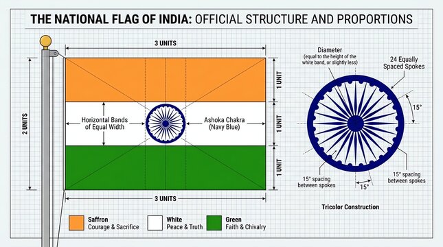 An informative technical diagram illustrating the official geometric structure, precise proportions, and symbolic color meanings of the Indian national flag.