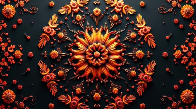 Vibrant orange and red floral pattern on black background