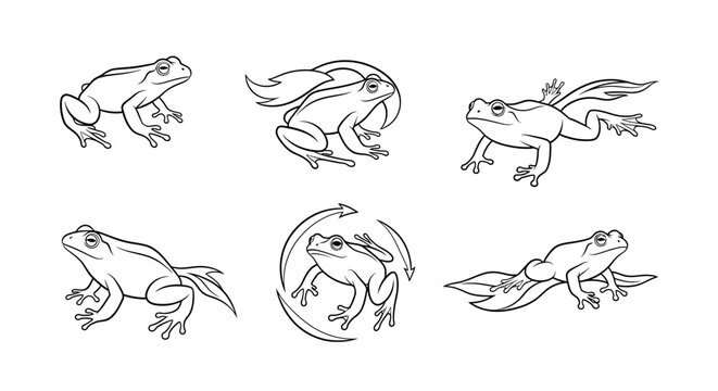 Frog Life Cycle Set, Hand Drawn Illustration of Tadpole Transformation