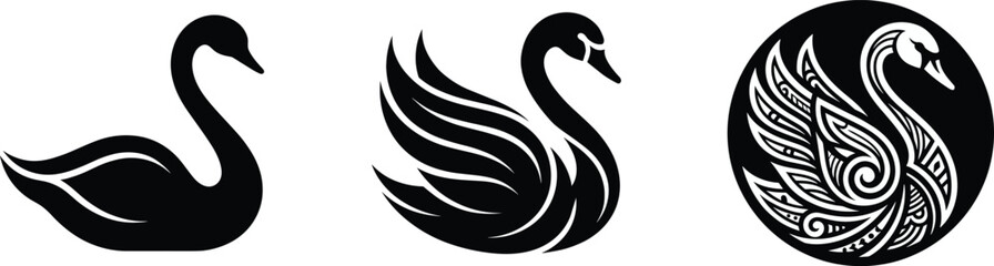 Black silhouette vector illustration of stylized swans in minimalist, dynamic, and ornamental decorative artistic design styles © RAFIQUL