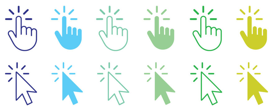Hand cursor and click icon set featuring pointer and clicking symbols for website UI and mobile app design.