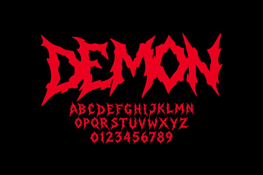 A red demon font with alphabet and numbers on a black background.