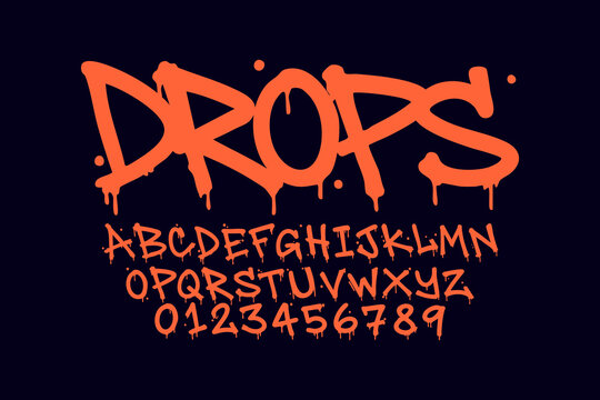 A digital illustration of an orange dripping graffiti-style font with the word DROPS and a full alphabet and number set on a black background.