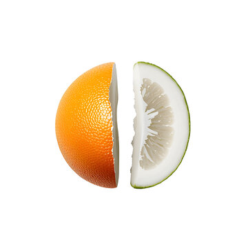 Half orange and lime hybrid fruit isolated on black background