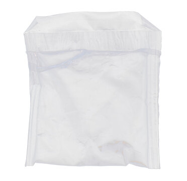 Clear transparent plastic cushioning bag isolated on black background, protective packaging material, square poly bag with sealed top