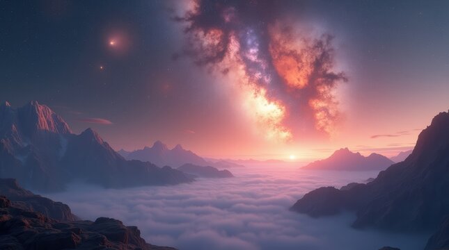 Beautiful milky way galaxy above high mountains with thick clouds and sunset light in the valley