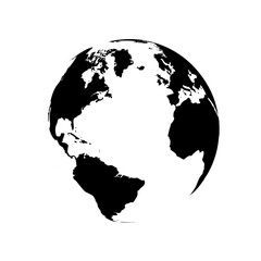Obraz premium Black and white globe illustration, world map silhouette, earth icon, vector graphic