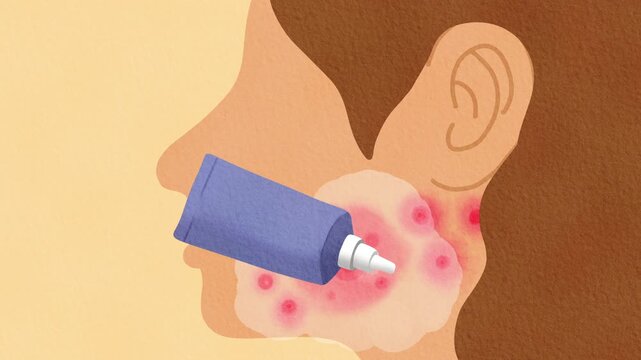 Hand Drawn Watercolor Animation of Applying Acne Cream from a Tube onto a Person Face with Red Pimples