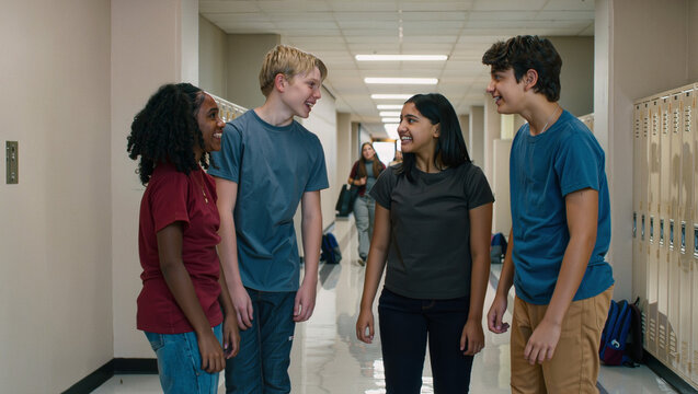 Group of diverse multiracial teenage students laughing and talking in school hallway with lockers, happy high school friends enjoying break time