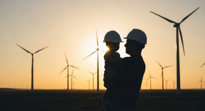 Father and child with hard hats at wind farm