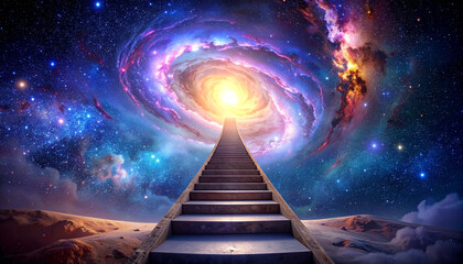 Stairway to celestial light ascending path through vibrant cosmic universe