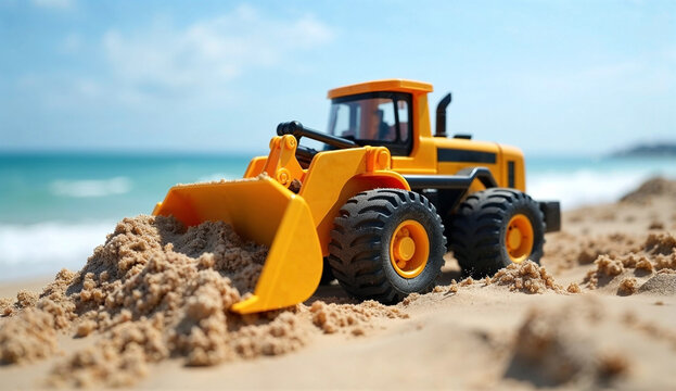 Toy bulldozer on a sandy beach with the ocean in the background
