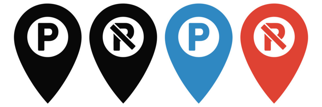 No parking vector icon set with prohibition road signs and location map pin symbols on white background.