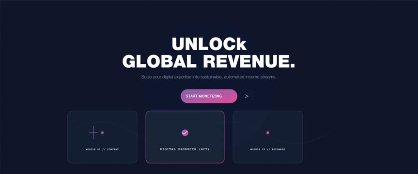 Modern dark UI web banner with Unlock Global Revenue text, sleek landing page interface design, professional business website header vector