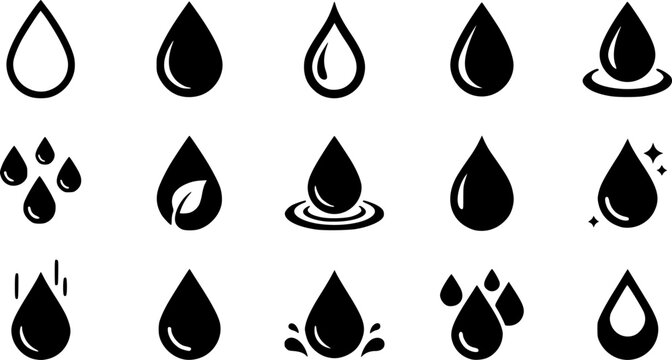Drop water icon. Black droplet. Symbol of oil, rain, liquid. Shape of tear. Simple graphic element of aqua, blood, milk. Logo of raindrop isolated on white background. Design for nature fluid. Vector