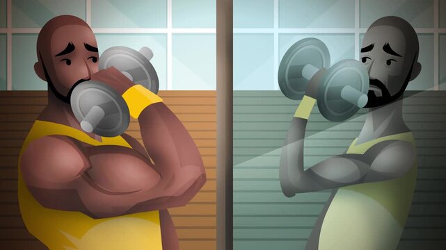 muscular african american bodybuilder with vigorexia lifting dumbbell while seeing skinny reflection in gym mirror