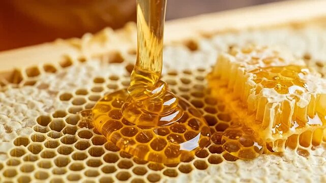 Fresh golden honey pouring onto a natural wax honeycomb structure