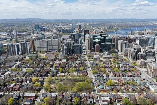 Aerial panorama of downtown Ottawa skyline with residential district, bridges and Ottawa River, Canada. g.