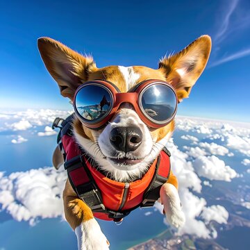 Dog wearing goggles skydiving in air.